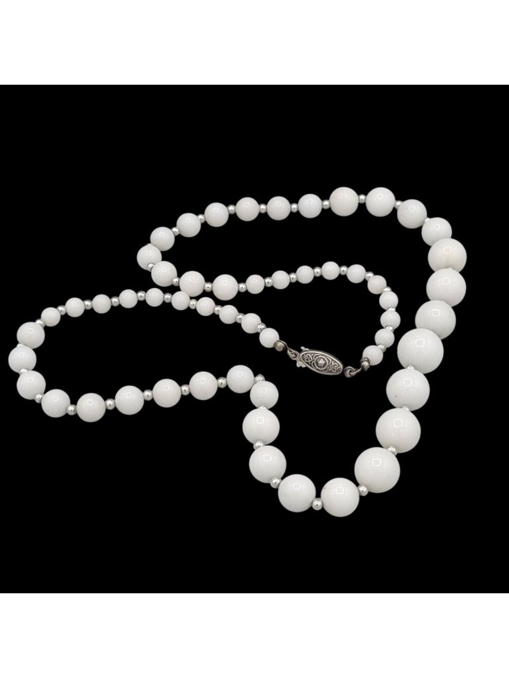Graduated White Milk Glass Beaded Necklace Metallic Spacers Ornate Clasp 22"